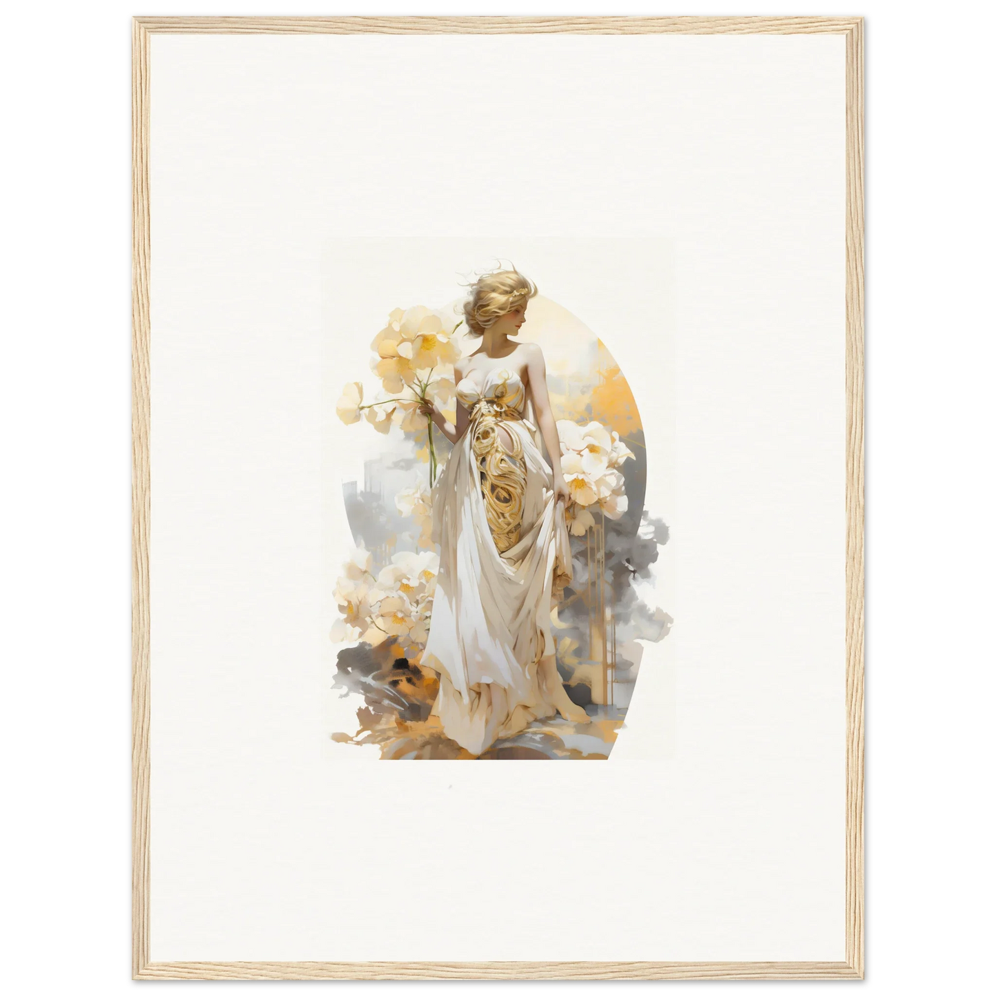 Ethereal female figure in white robes holding flowers for Blossom Dream room decor