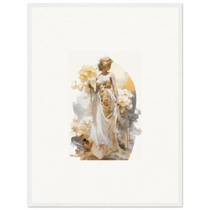 Ethereal female figure in white robes holding flowers for Blossom Dream wall art decor