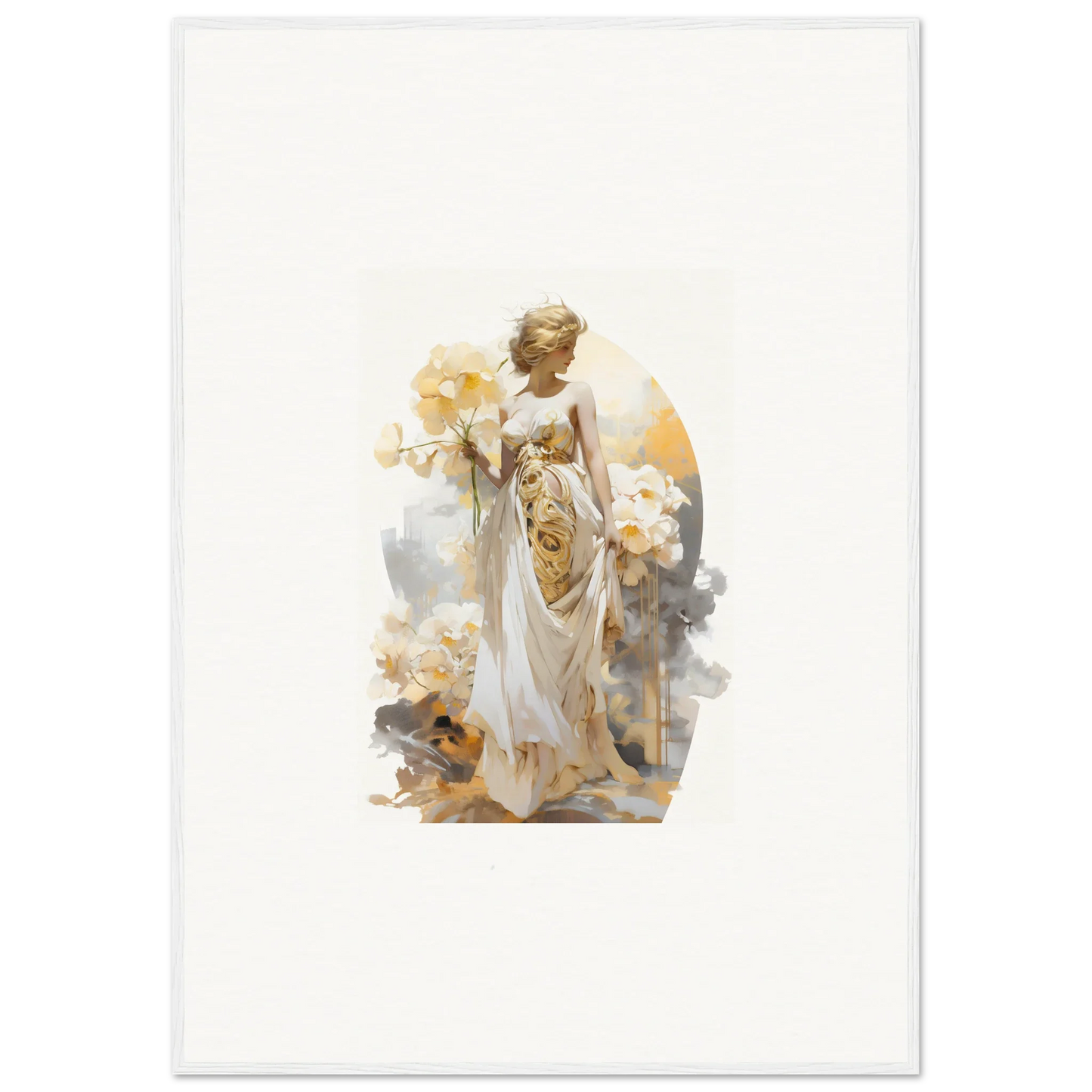 Ethereal figure in white robes holding flowers, perfect for Blossom Dream room decor