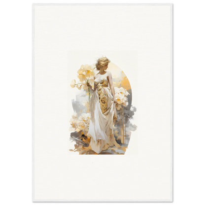 Ethereal figure in white robes holding flowers, perfect for Blossom Dream room decor