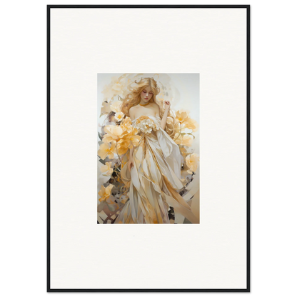 Ethereal painting of a woman in white dress amid yellow flowers for Blossom Sway room decor