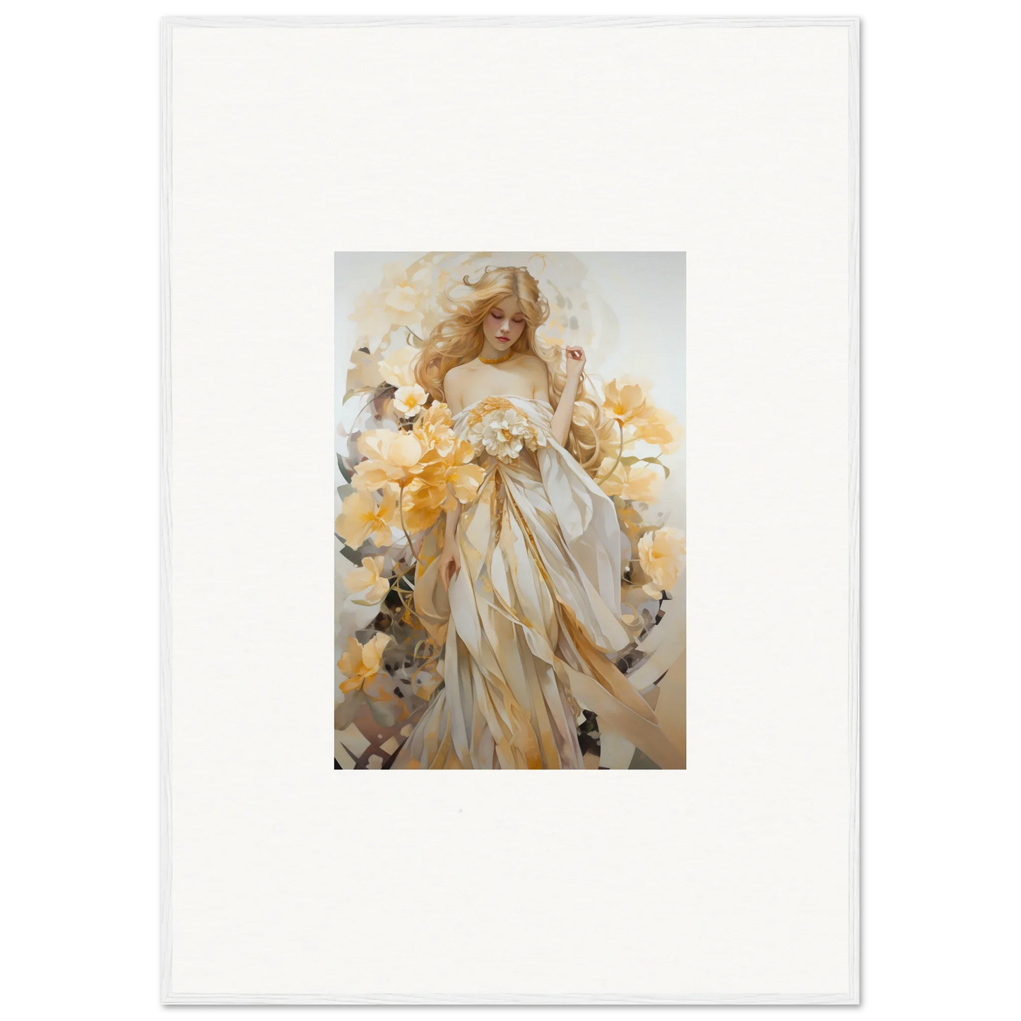 Ethereal painting of a woman in white dress among yellow flowers for Blossom Sway room decor