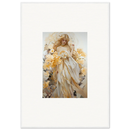 Ethereal painting of a woman in white dress among yellow flowers for Blossom Sway room decor