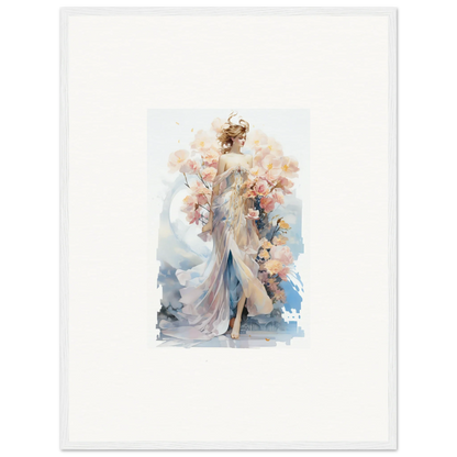 Ethereal Blush Mirage watercolor painting of a figure in flowing pastel garments for room decor