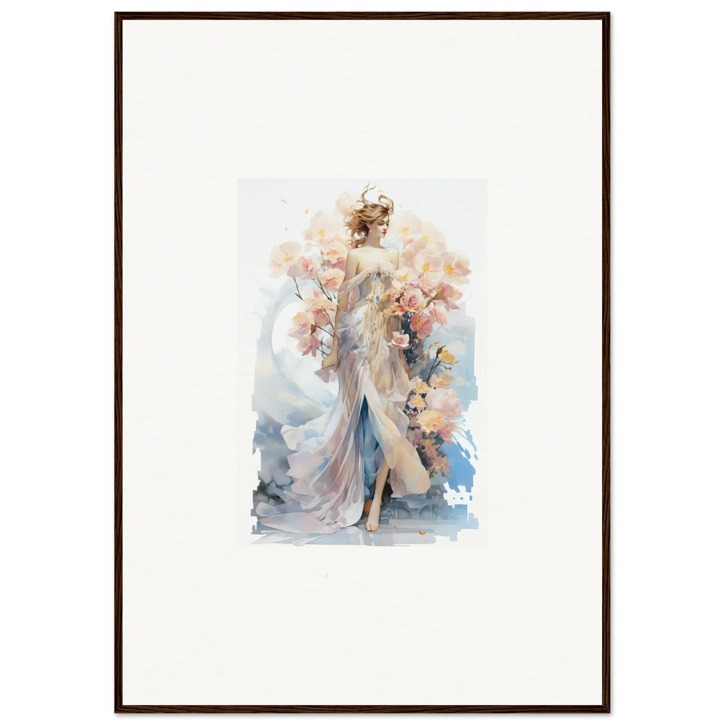 Ethereal watercolor painting of a graceful figure in Blush Mirage framed wall art