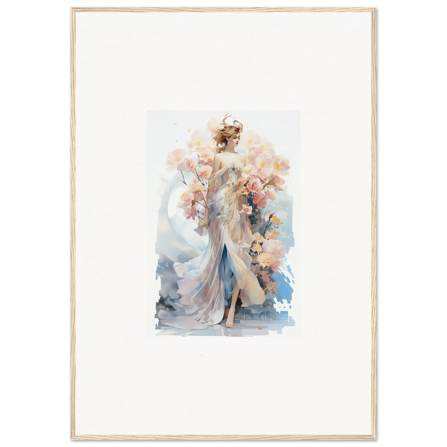 Ethereal Blush Mirage watercolor painting of a graceful figure for room decor