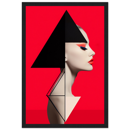 Profile view of a stylized face with geometric shapes forming hair and neck against a vibrant red background.