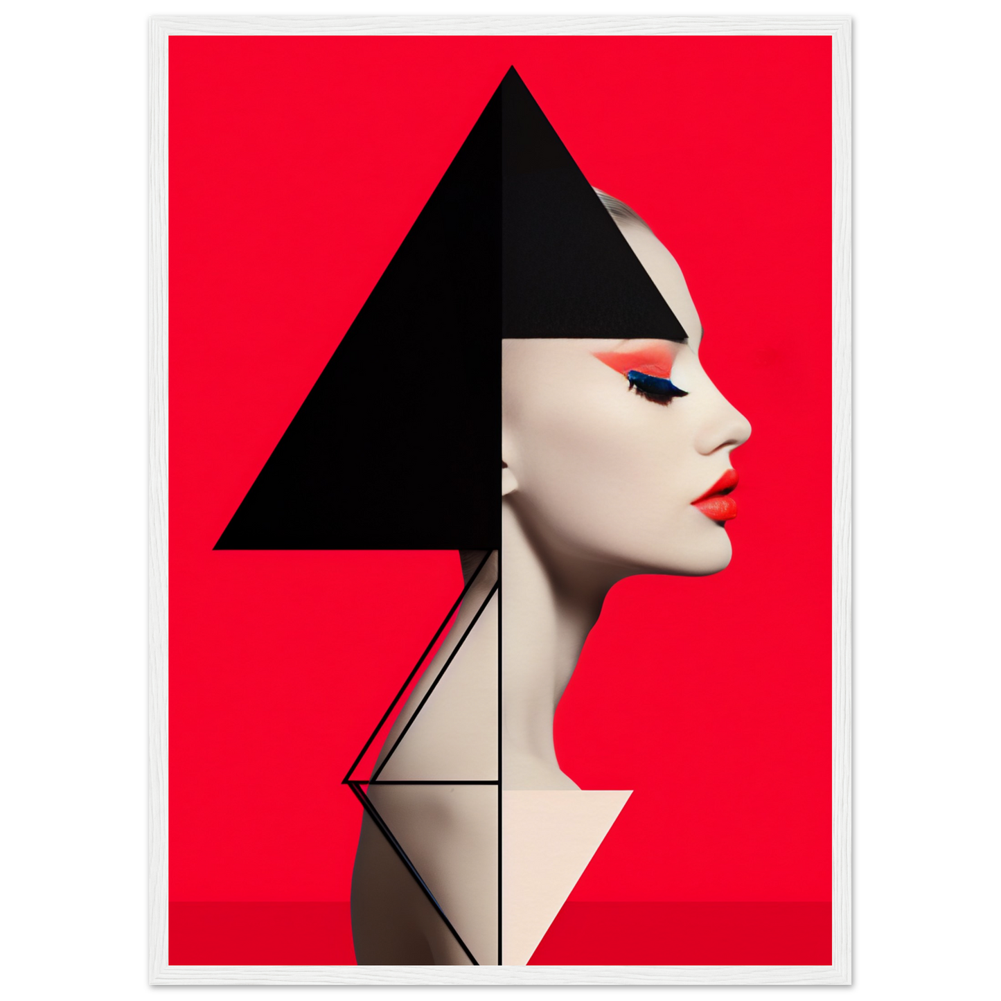 Stylized profile portrait of a person with geometric shapes and bold red background.