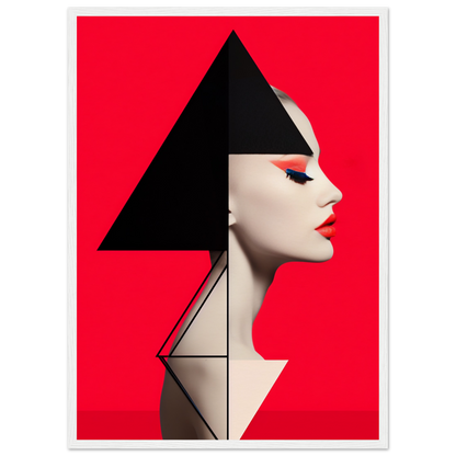 Stylized profile portrait of a person with geometric shapes and bold red background.