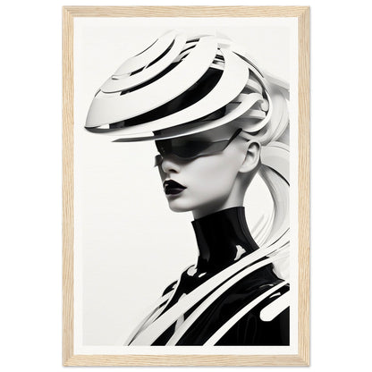 Striking black and white portrait of a woman wearing an avant-garde sculptural hat and high-necked top.