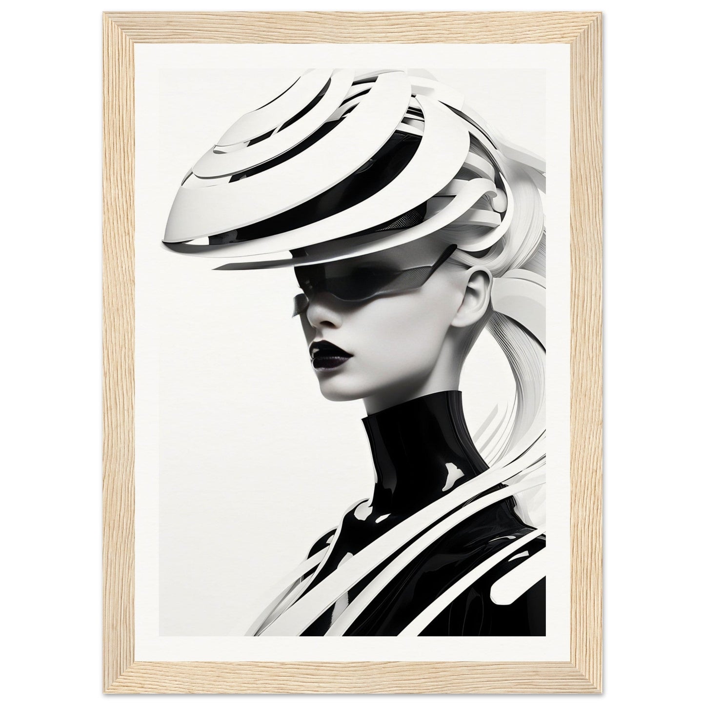 Striking black and white portrait of a figure wearing an avant-garde sculptural hat and high-necked top.