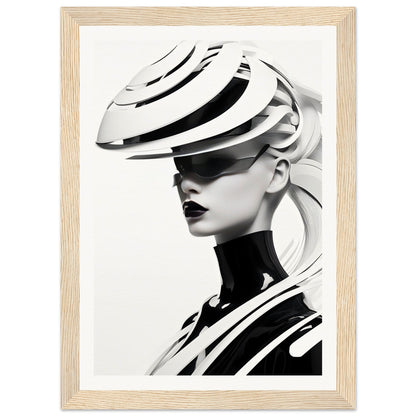 Striking black and white portrait of a figure wearing an avant-garde sculptural hat and high-necked top.