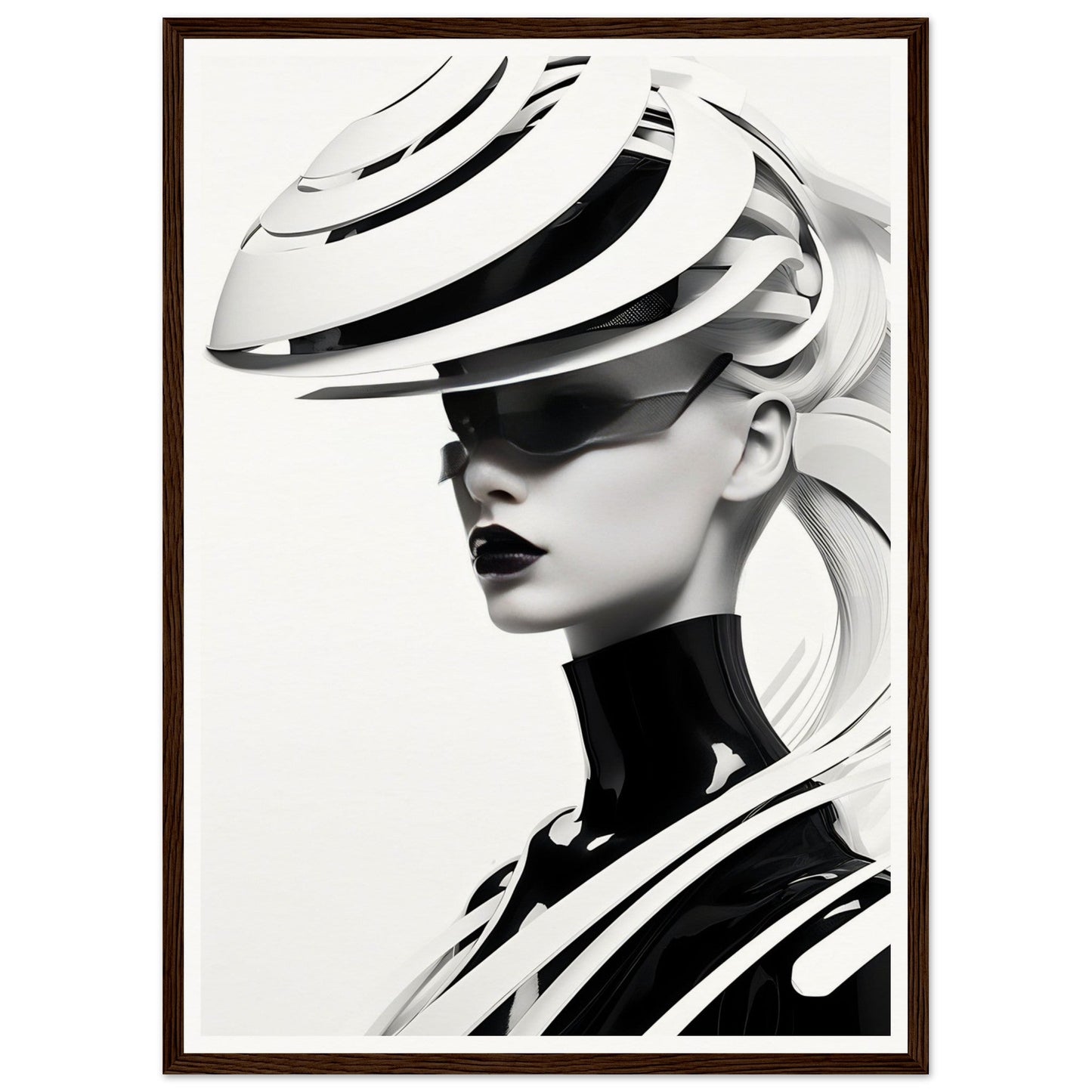 Striking black and white portrait featuring a figure wearing an avant-garde sculptural hat and high-necked garment.