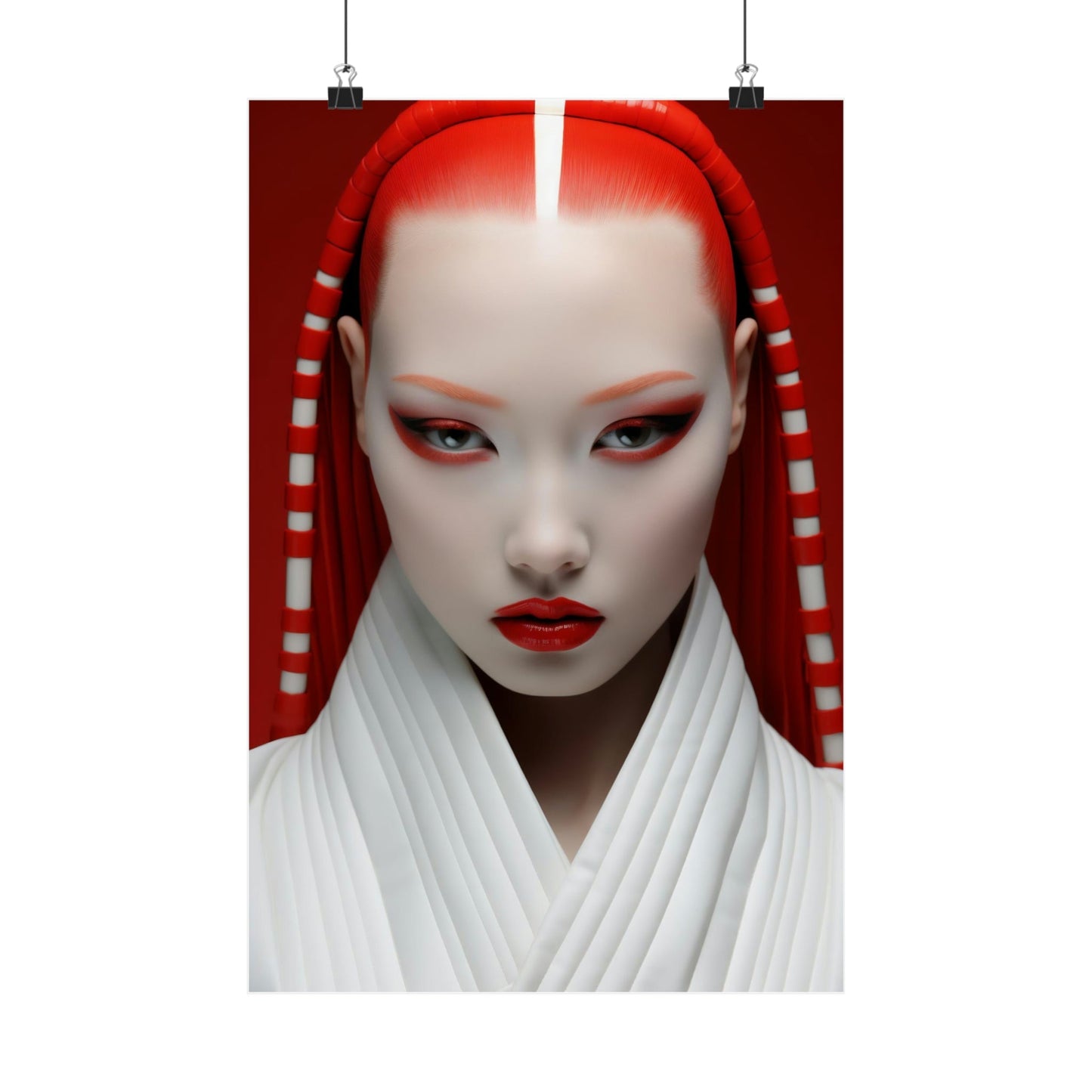 Striking portrait of a person with white face makeup, red accents, and an elaborate red headdress against a red background.