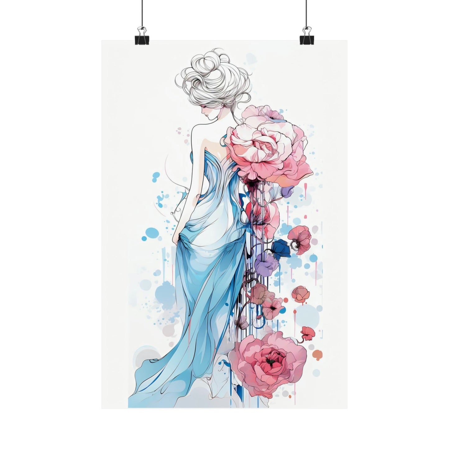 Watercolor illustration of a woman in a flowing blue dress with pink floral elements.