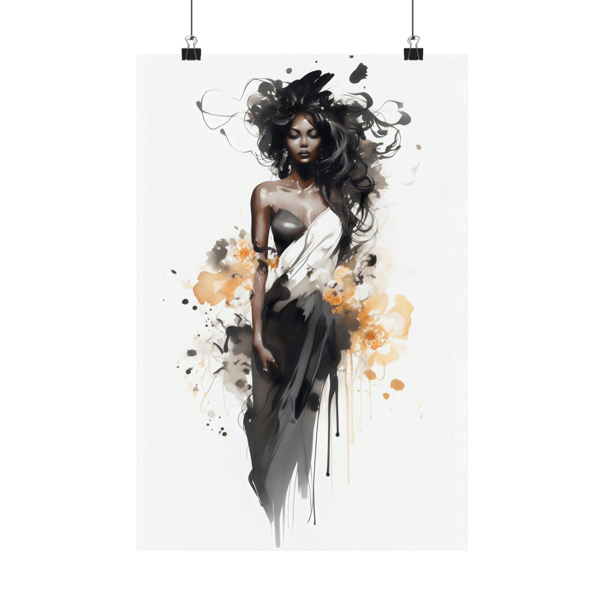 Artistic portrait of a woman rendered in a watercolor and ink style with flowing abstract elements.