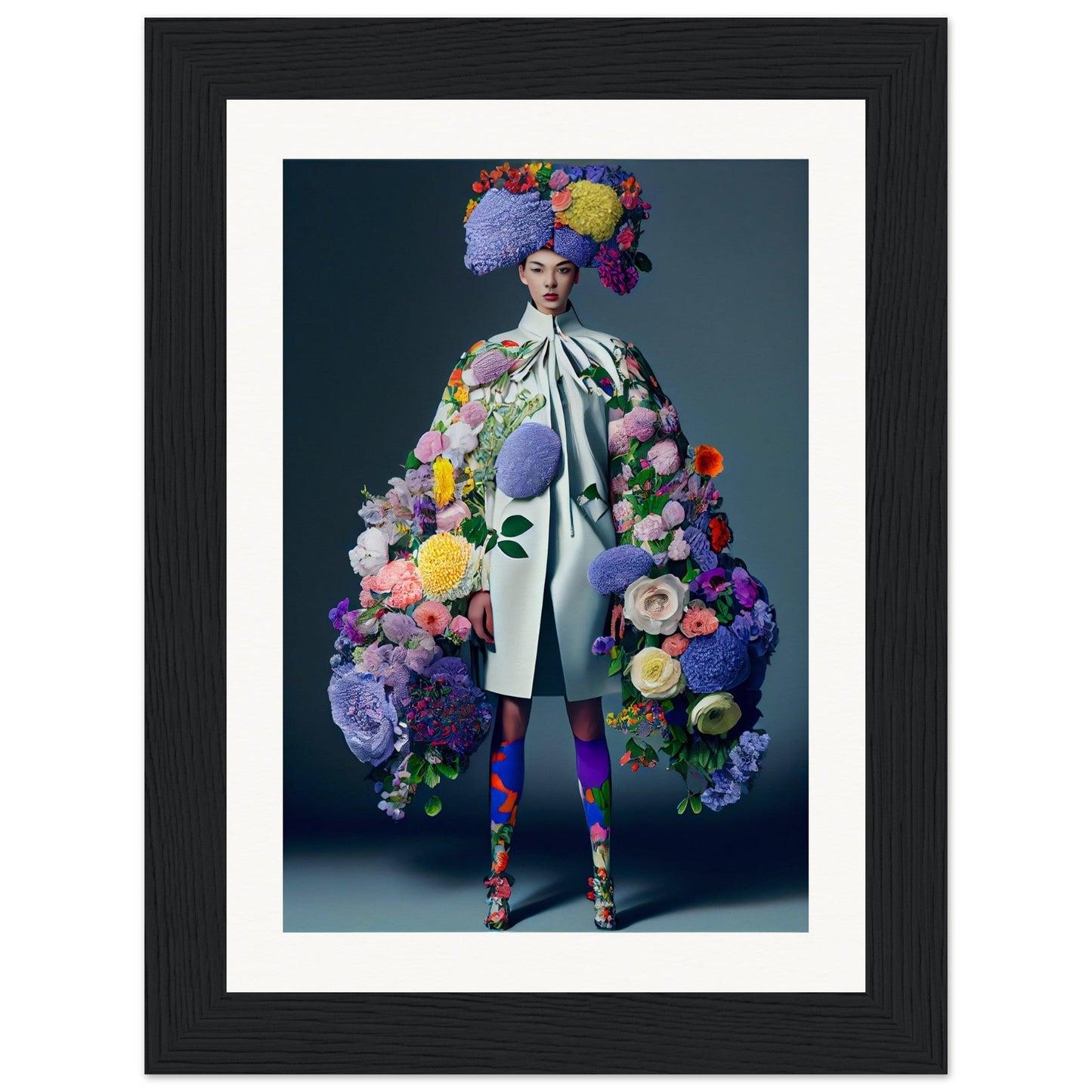 Flamboyantly dressed figure adorned with vibrant flowers and colorful attire.