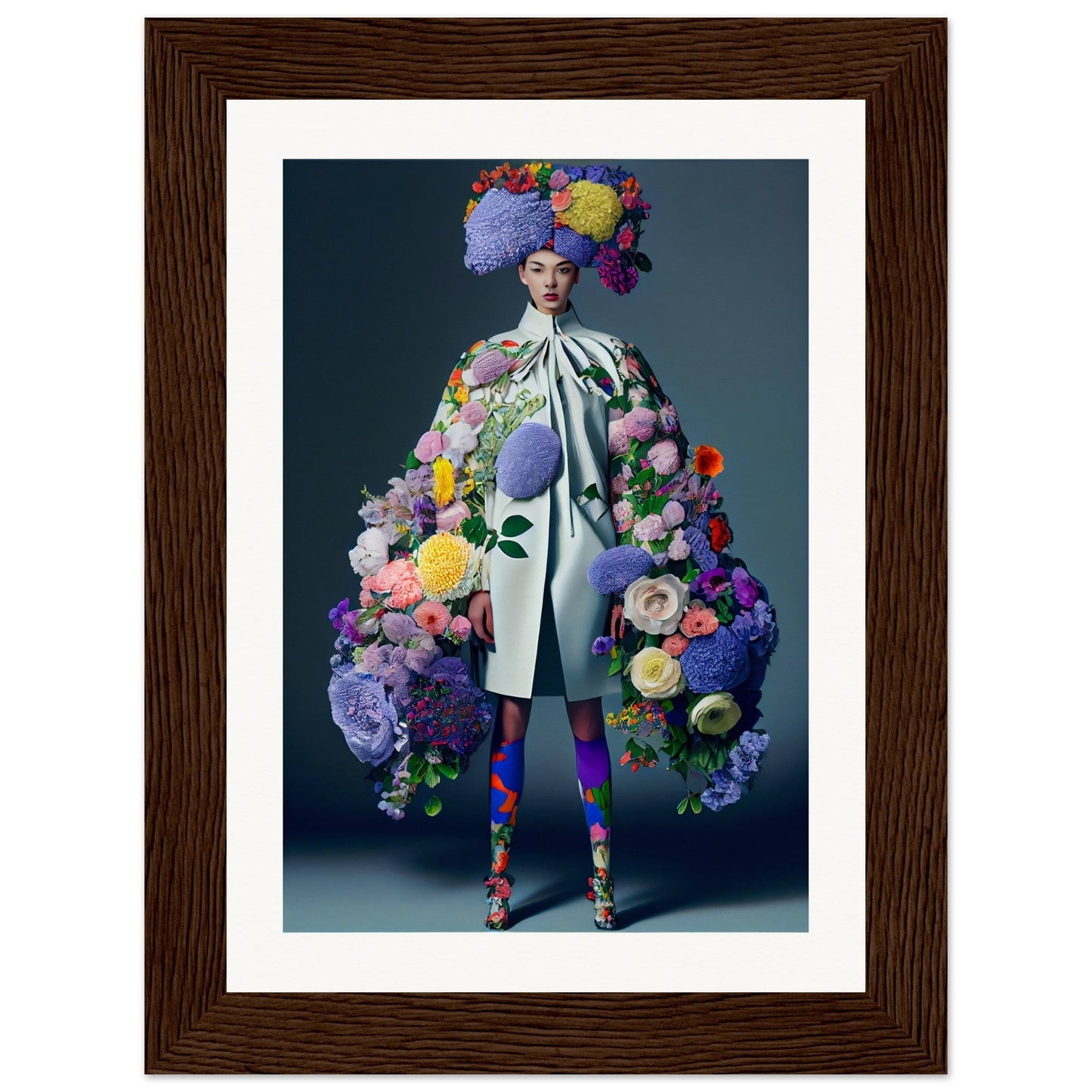 Flamboyantly dressed figure adorned with an extravagant array of colorful flowers and foliage.