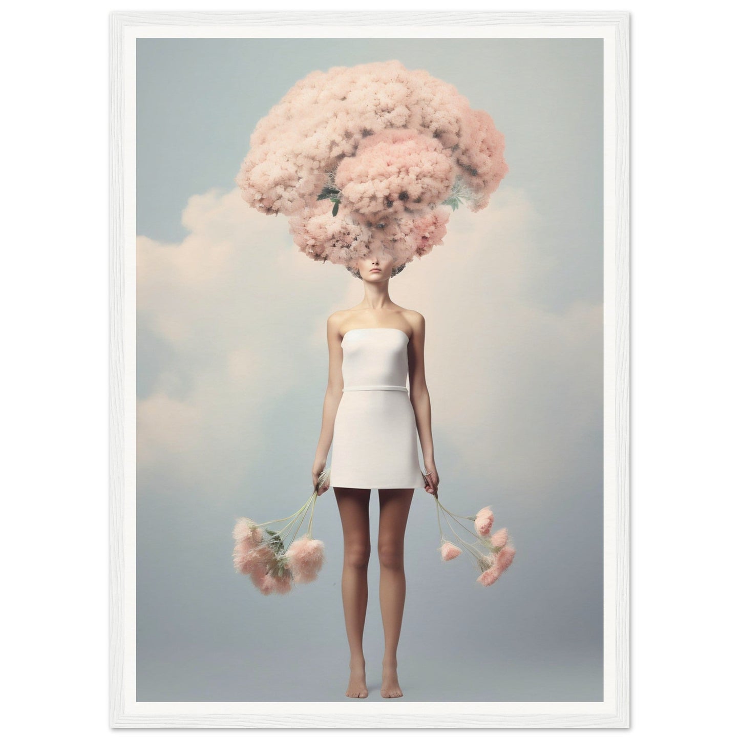 Doll-like figure with an enormous pink cotton candy-like hairstyle wearing a white mini dress.