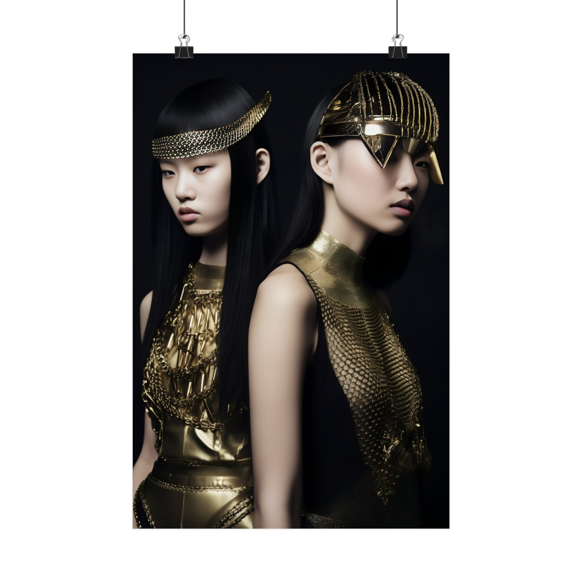 Portrait of two women wearing elaborate gold and metallic futuristic headpieces and clothing.