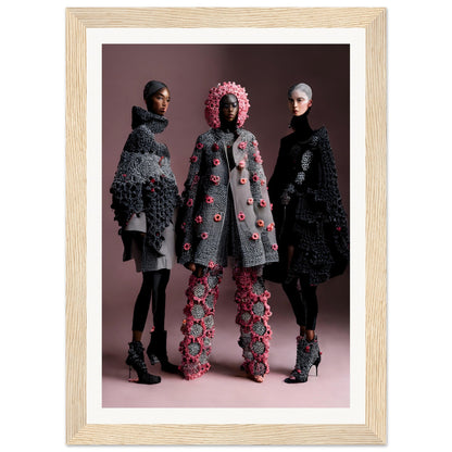 Three models wearing avant-garde knitwear outfits in gray and pink tones.