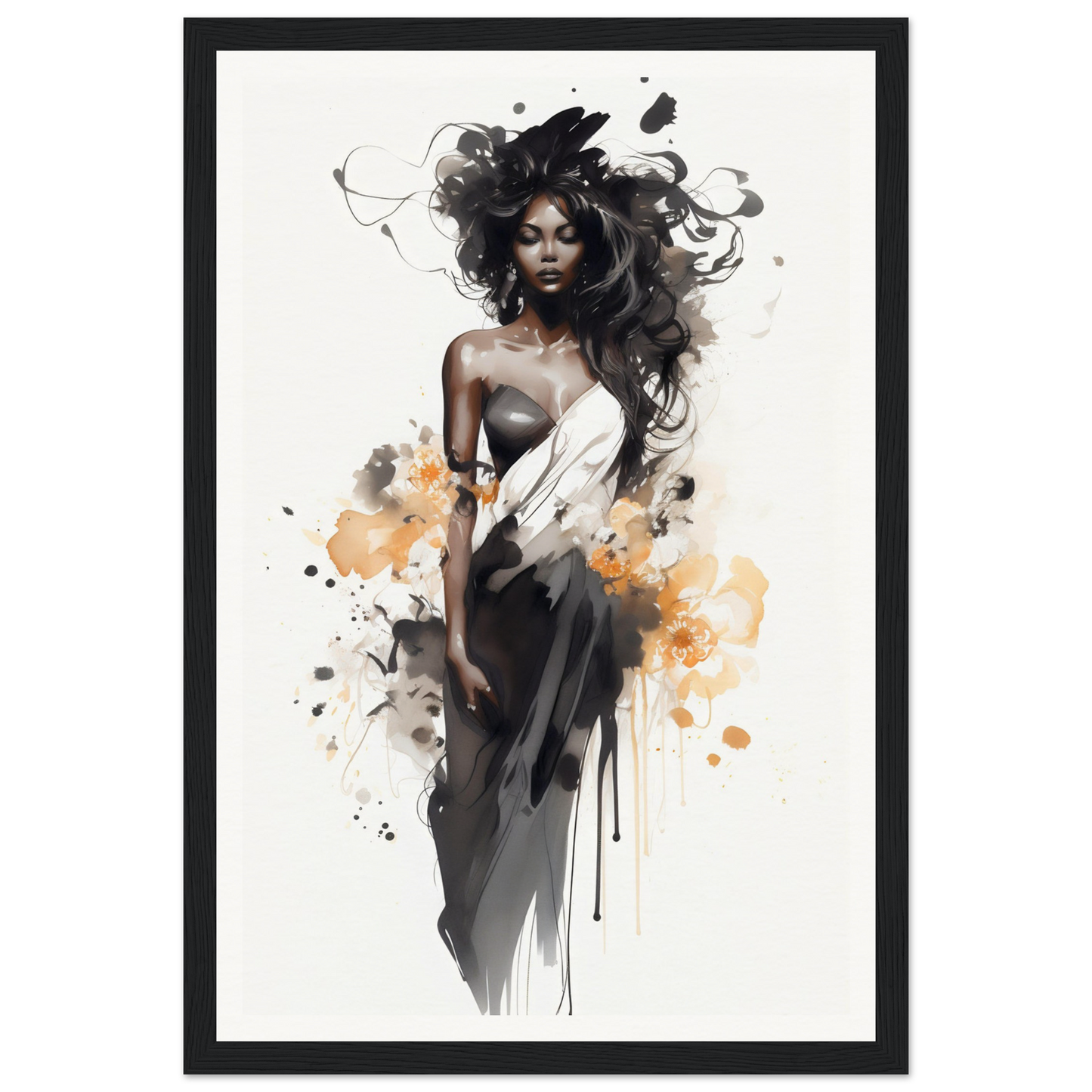 An illustration of a woman in a black dress with splatters, perfect as Essential Elegance The Oracle Windows™ Collection wall art for my wall.