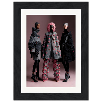 Framed photograph of three models wearing avant-garde floral and textured outfits.