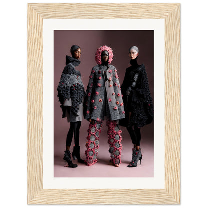 Framed photograph of three figures wearing elaborate, textured coats and headwear in dark and floral designs.