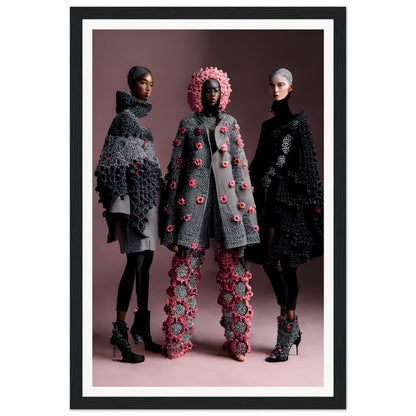 Framed photograph of three models wearing avant-garde winter coats and accessories with floral embellishments.