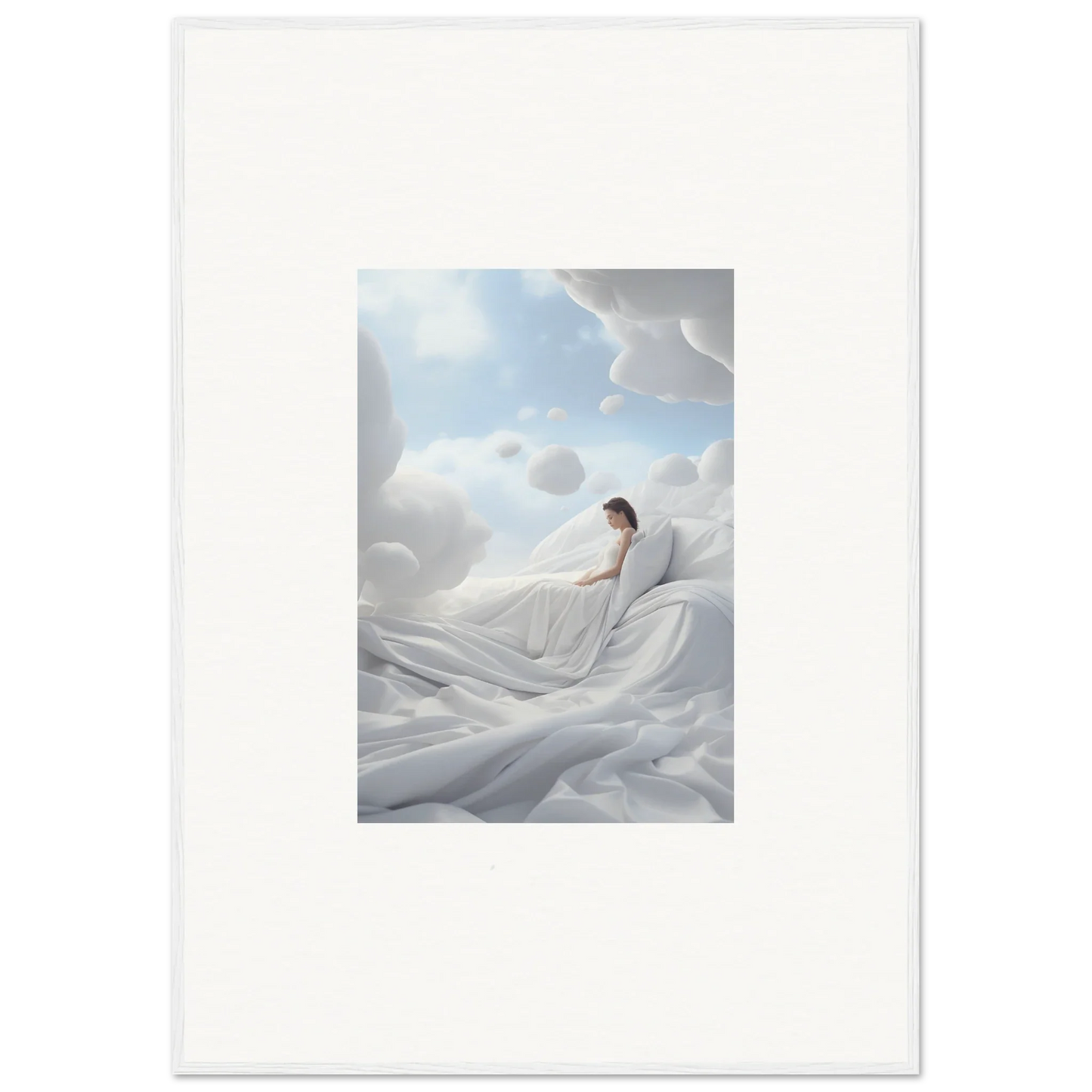 Figure in flowing white fabric under a cloudy sky, perfect for Cotton Dream room decor