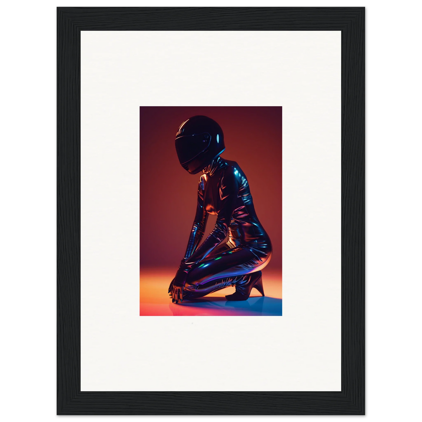 Dramatic figure in shiny bodysuit, perfect for Night Oracle room decor or framed wall art