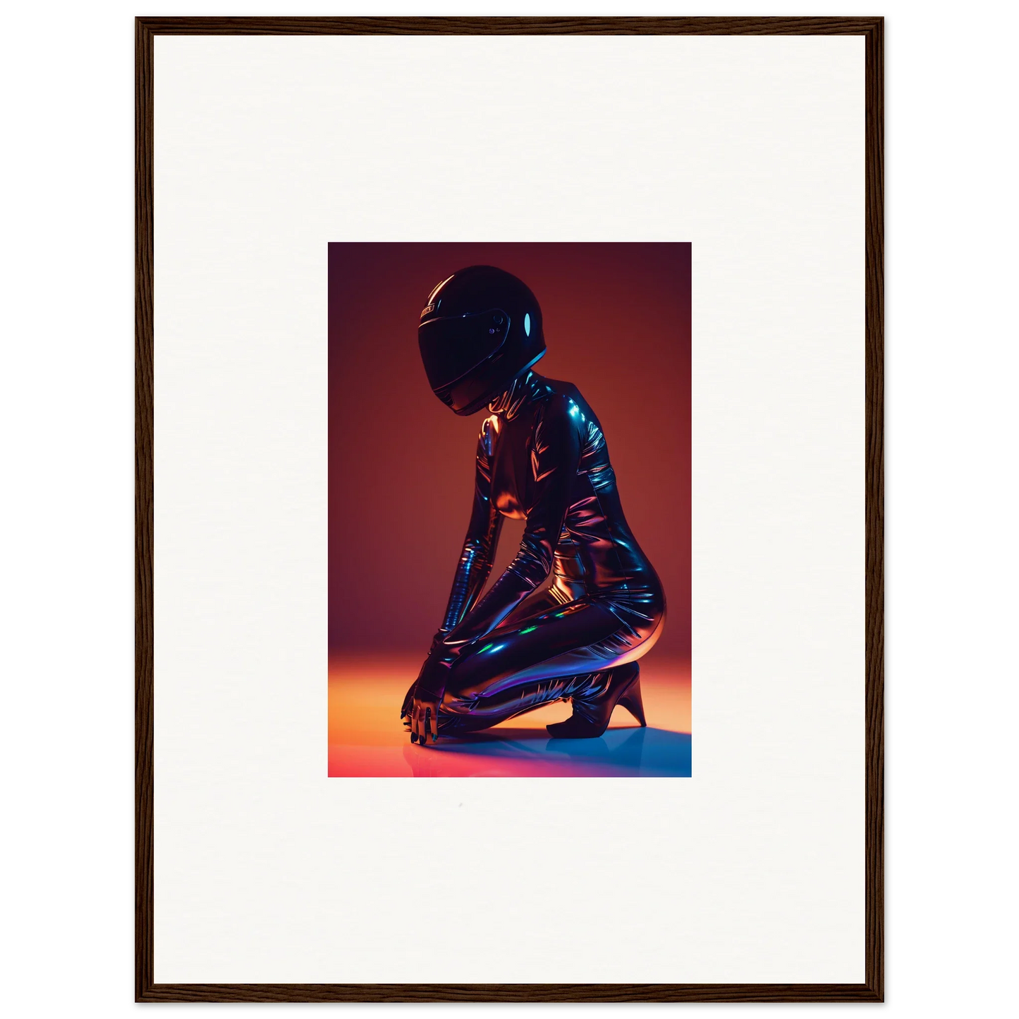 Crouching figure in shiny bodysuit and helmet for Night Oracle themed room decor