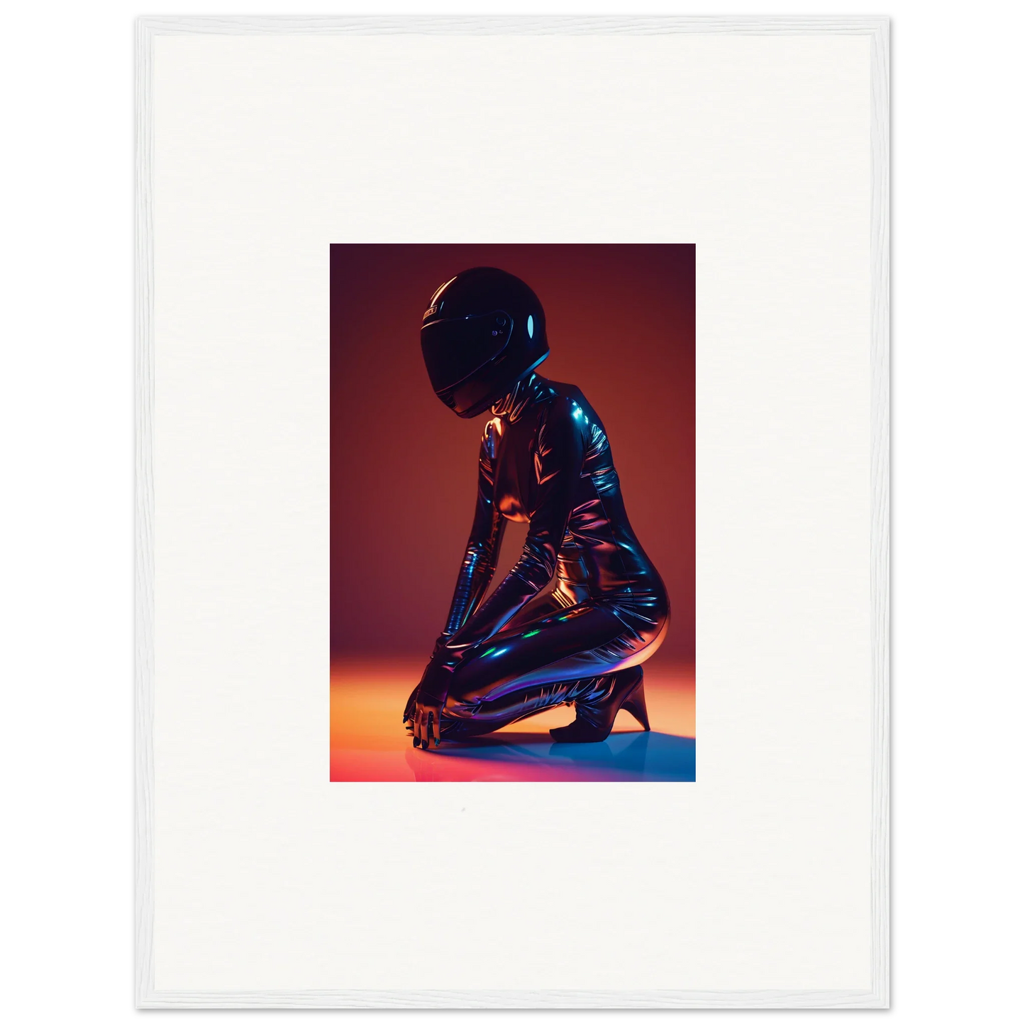 Figure in shiny bodysuit and helmet as part of Night Oracle room decor and wall art