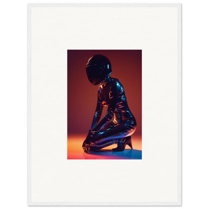 Figure in shiny bodysuit and helmet as part of Night Oracle room decor and wall art