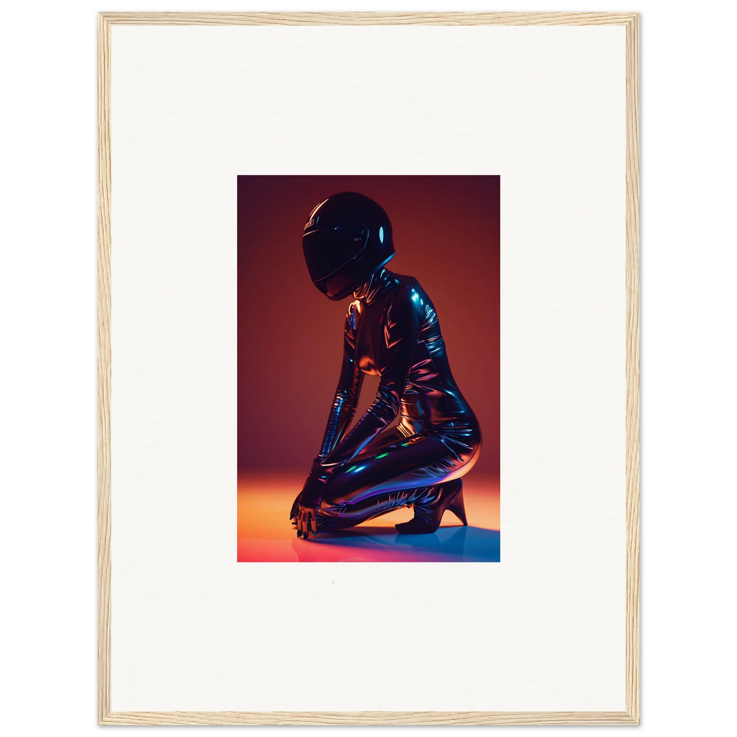 Figure in a shiny bodysuit and helmet, perfect for Night Oracle room decor