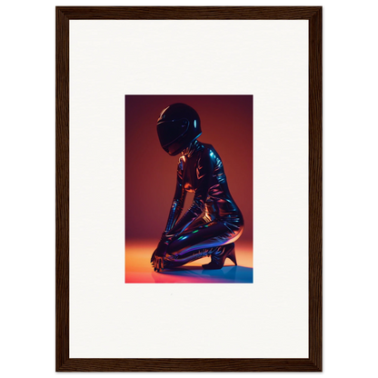 Kneeling figure in shiny bodysuit and helmet for Night Oracle themed wall art