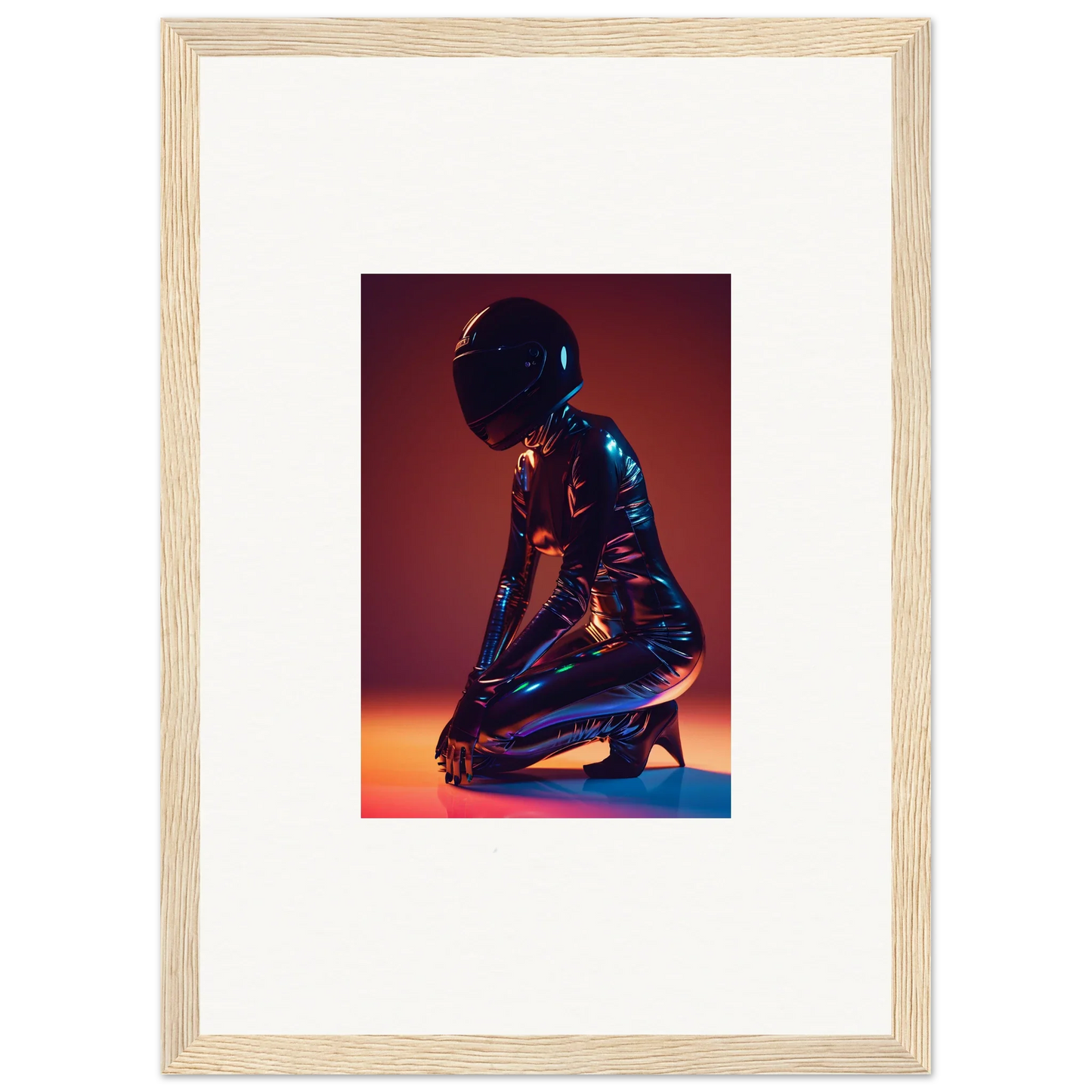 Figure in a shiny bodysuit and helmet as Night Oracle framed wall art for room decor