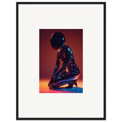 Figure in shiny bodysuit and helmet, ideal for Night Oracle room decor or framed wall art