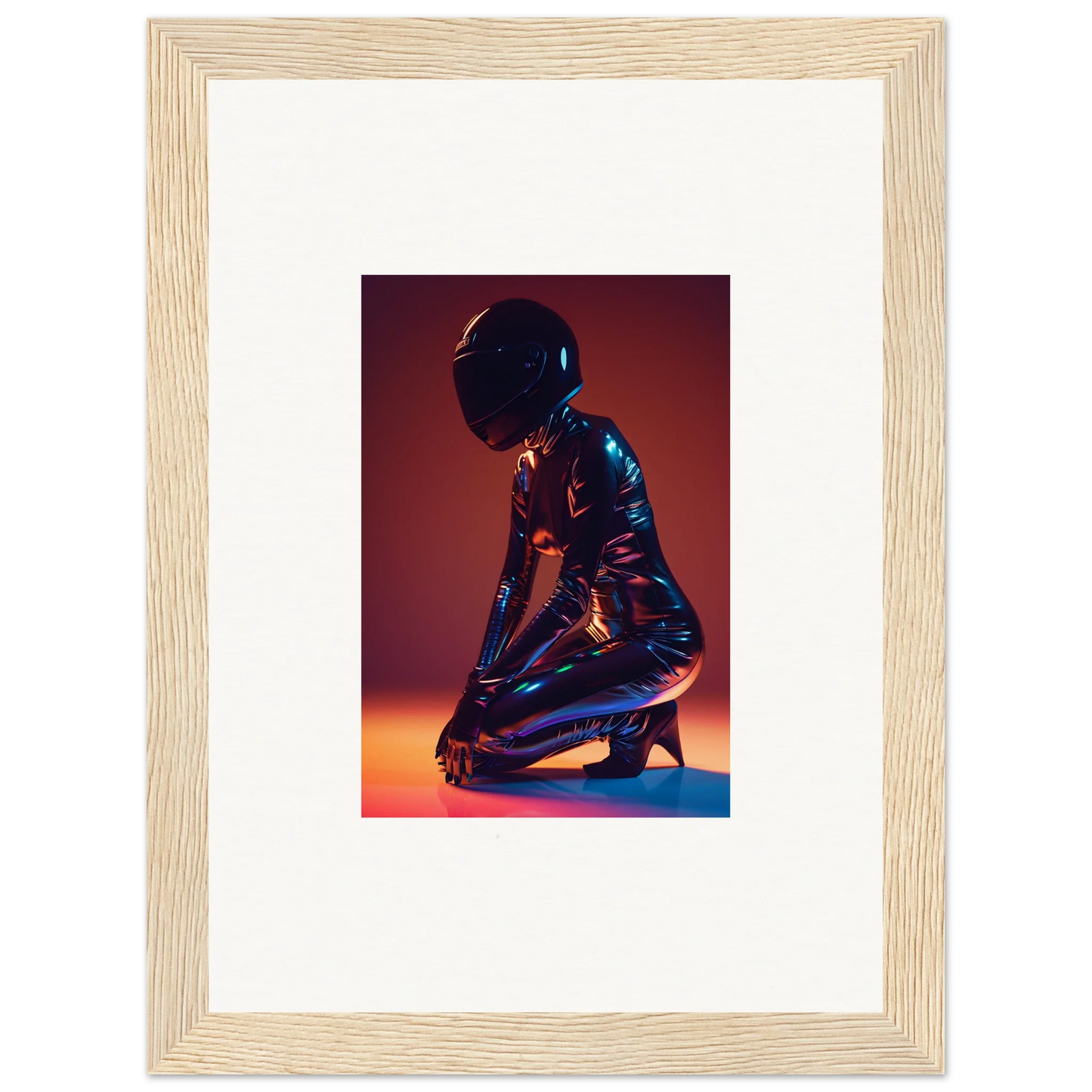 Metallic bodysuit figure knelt against a red backdrop, perfect for night oracle room decor