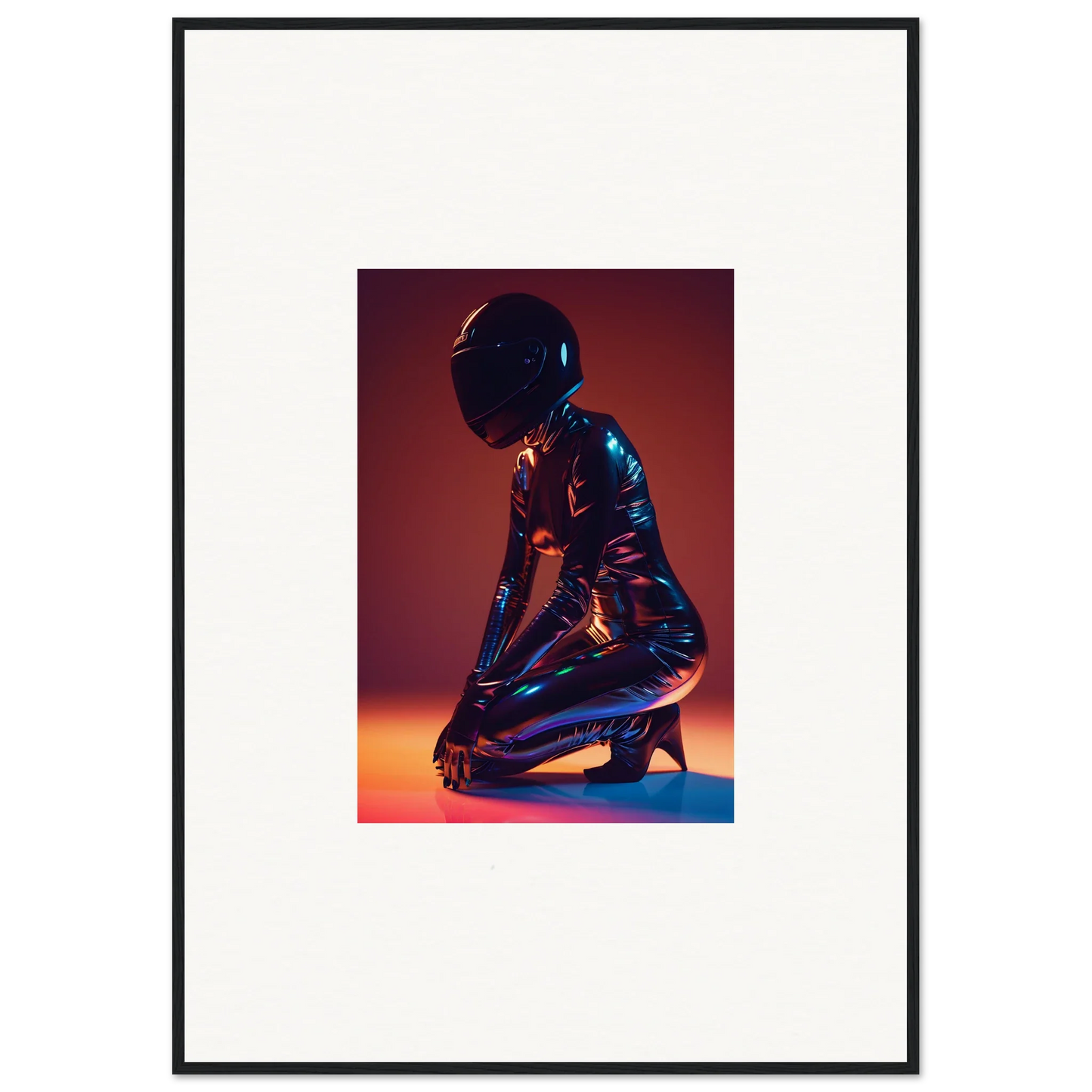 Kneeling figure in metallic bodysuit and helmet, perfect for Night Oracle room decor