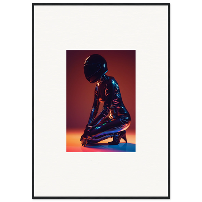 Kneeling figure in metallic bodysuit and helmet, perfect for Night Oracle room decor