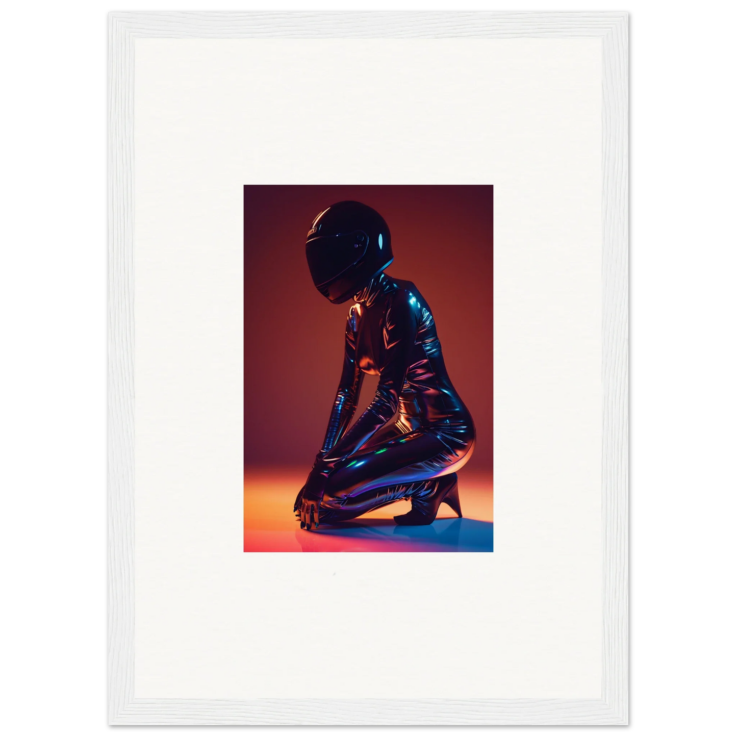 Metallic figure kneeling in a bodysuit, perfect for Night Oracle room decor and wall art