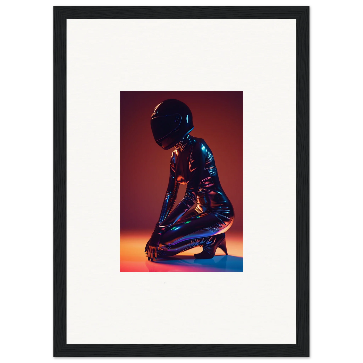 Dramatic kneeling figure in shiny suit and helmet, ideal for Night Oracle room decor