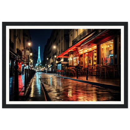 Framed photograph of a rainy Parisian street at night with the illuminated Eiffel Tower visible in the distance.