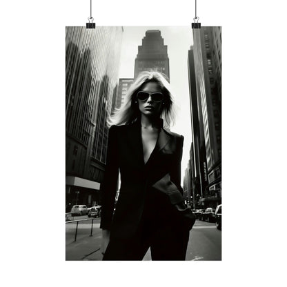 Woman in a black suit and sunglasses standing in an urban setting.