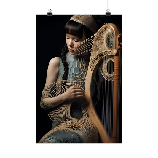 Surreal harp-like instrument with strings extending from its body to a woman’s torso.