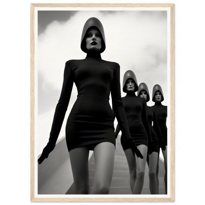 Black and white photograph of four women in identical short dresses and distinctive headwear posing dramatically.