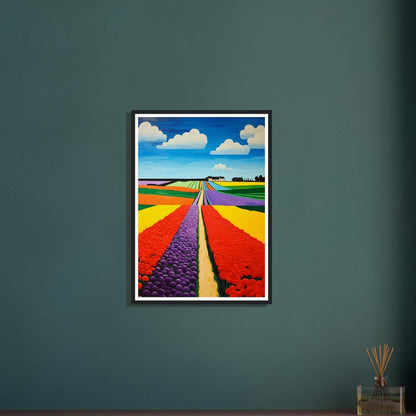 Colorful landscape painting featuring vibrant striped fields leading to the horizon.