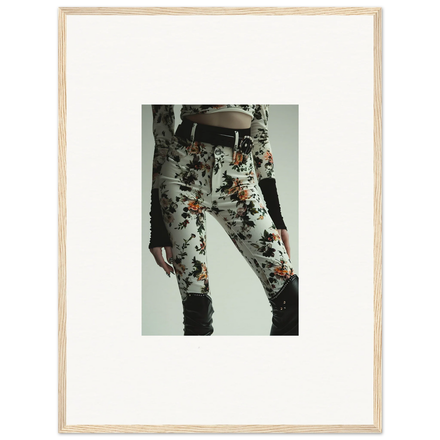 Floral-patterned pants with dark knee patches from Whispering Garden Couture