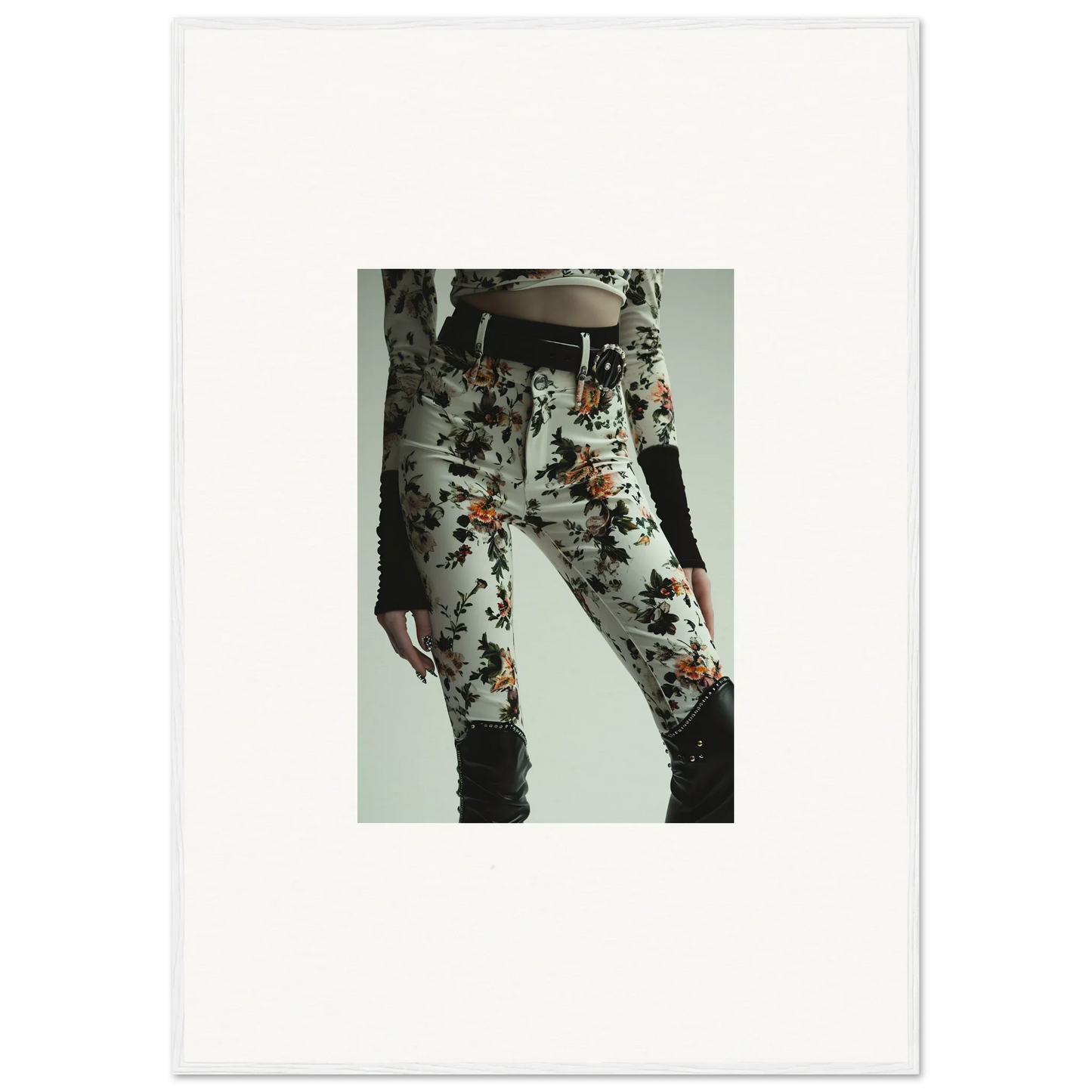 High-waist slim fit floral print pants from Whispering Garden Couture for stylish decor